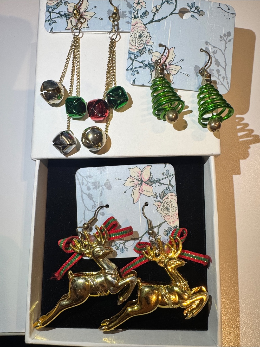 3 pairs Gold Reindeer, tree, bells Drop Earrings with Red & Green Ribbon